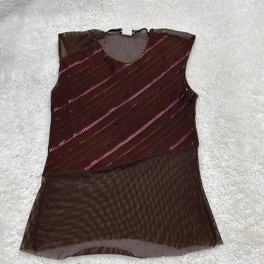 VTG Y2K Wet Seal Sheer Mesh Brown Top Short Sleeve Boho Streetwear M Made in USA